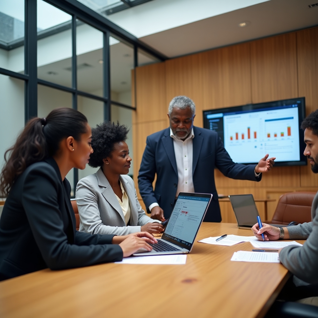 Equipo de consultoría configurando un sistema de gestión digital en una oficina de trabajo