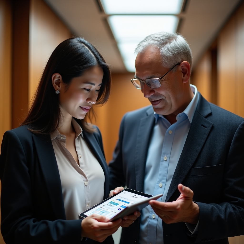 Profesional consultando el historial de un cliente en una tablet dentro de un negocio de servicios