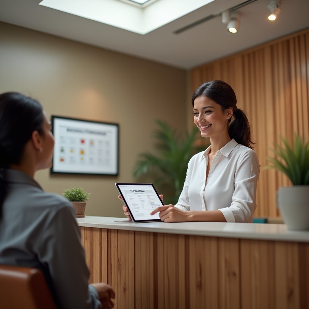 Recepcionista de un negocio de servicios gestionando la agenda de citas en una pantalla digital